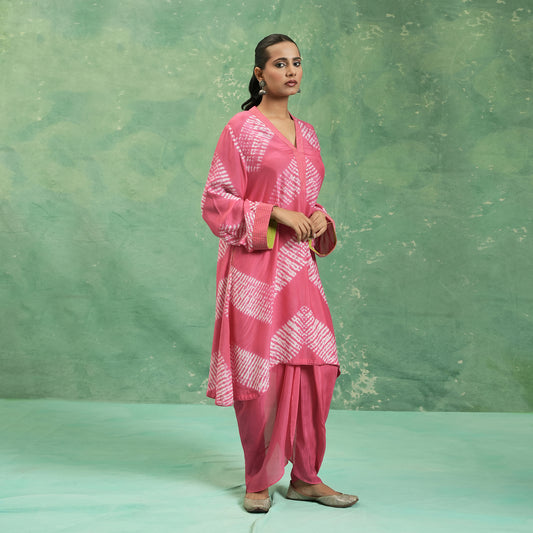 COTTON SILK PINK SHIBORI DHOTI TUNIC (SET OF 2)