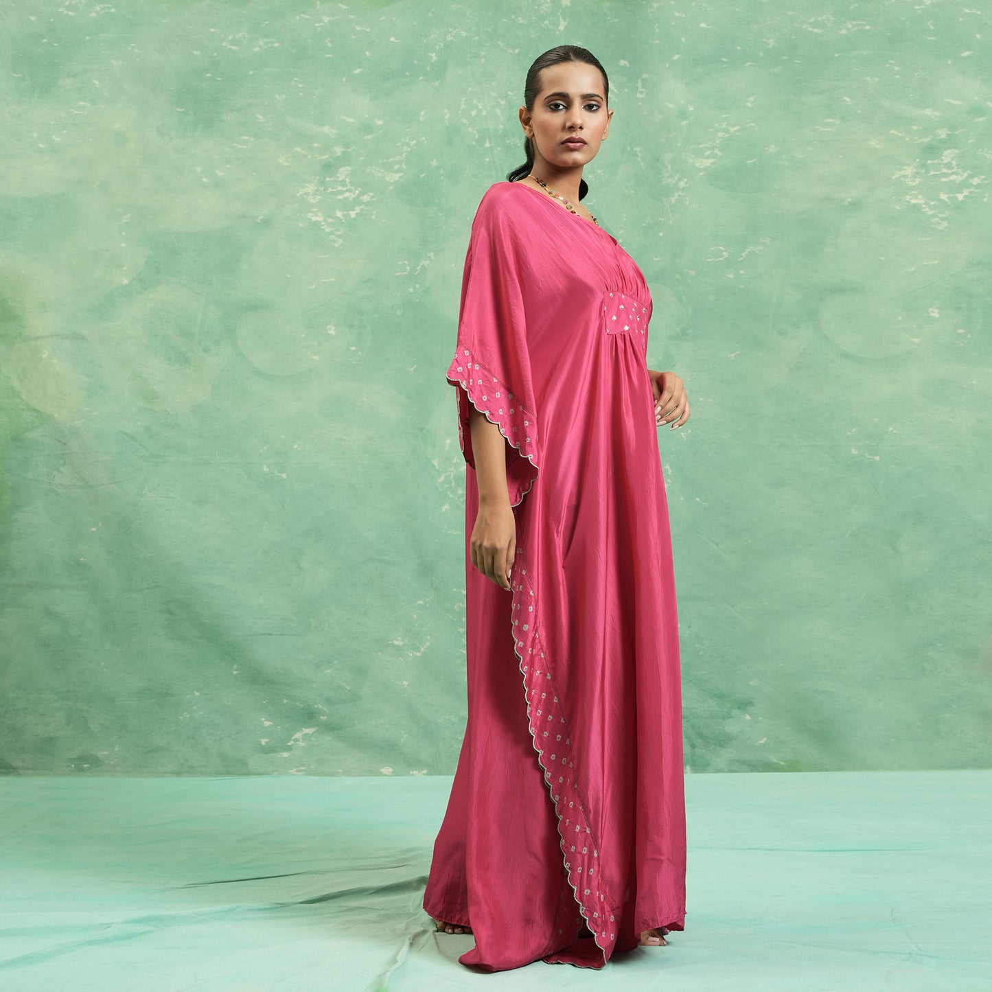 SILK FUSCHIA BANDHINI KAFTAN
