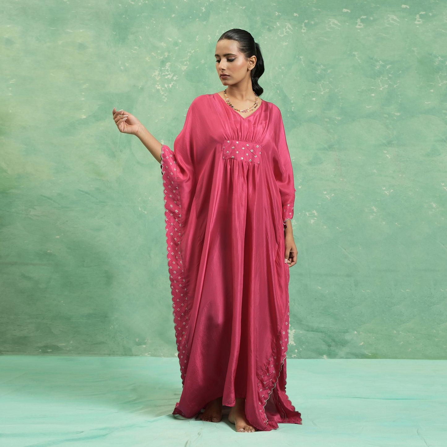 SILK FUSCHIA BANDHINI KAFTAN