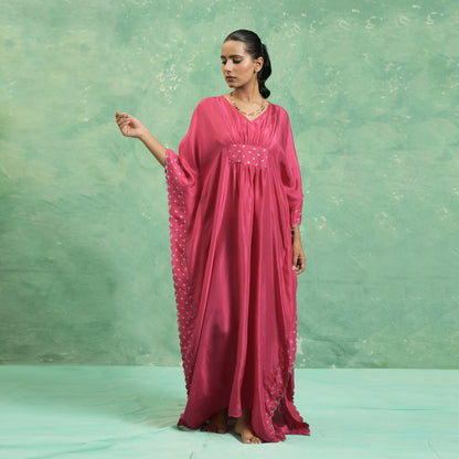SILK FUSCHIA BANDHINI KAFTAN
