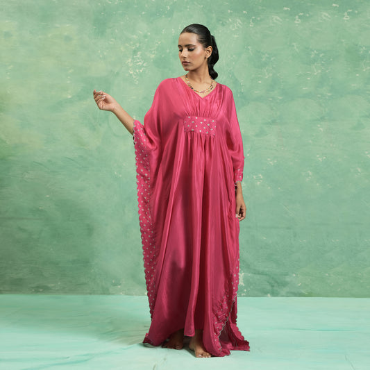 SILK FUSCHIA BANDHINI KAFTAN