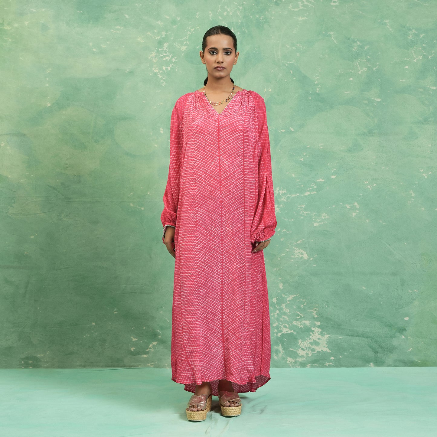 COTTON SILK FUSCHIA SHIBORI DIAMOND DRESS