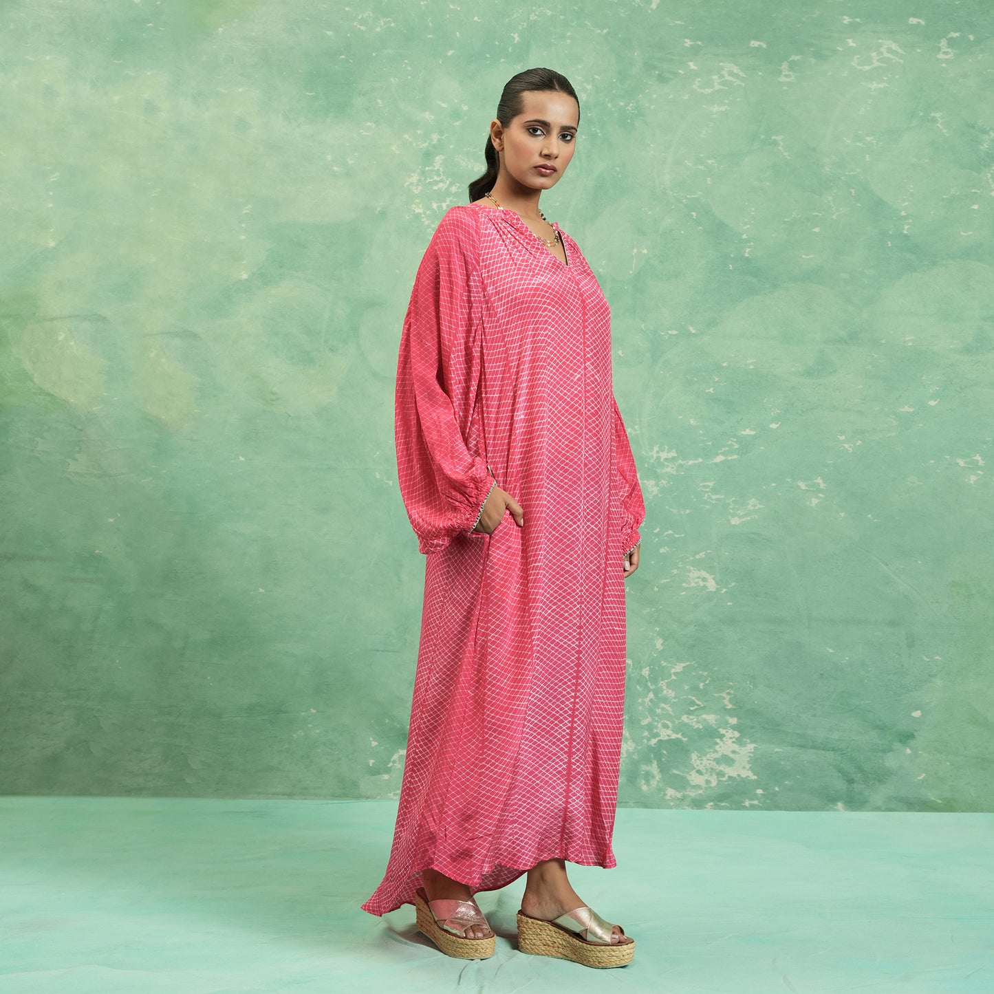 COTTON SILK FUSCHIA SHIBORI DIAMOND DRESS