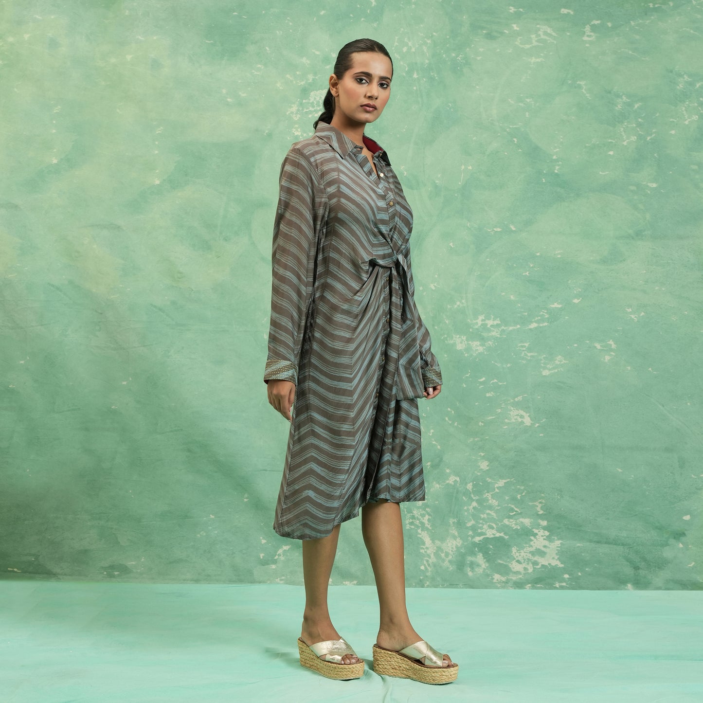 COTTON SILK TEAL SHIBORI WRAP DRESS