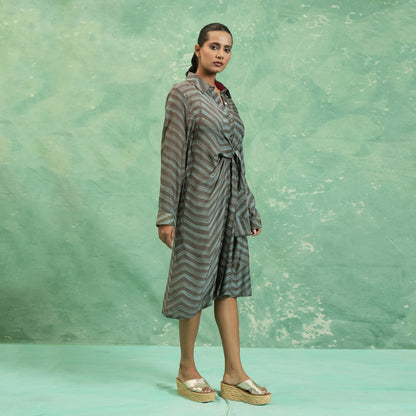 COTTON SILK TEAL SHIBORI WRAP DRESS