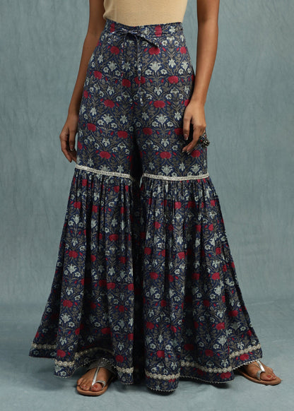Indigo Marigold Jaal Cotton Silk Hand Block Printed Sharara- (3 Pcs Set)
