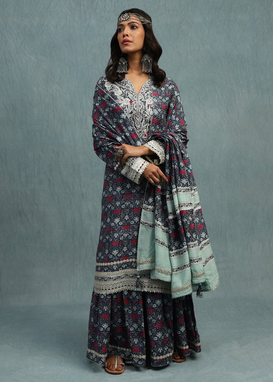 Indigo Marigold Jaal Cotton Silk Hand Block Printed Sharara- (3 Pcs Set)
