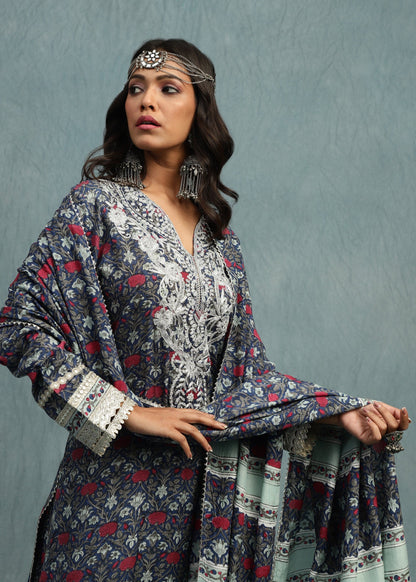 Indigo Marigold Jaal Cotton Silk Hand Block Printed Sharara- (3 Pcs Set)