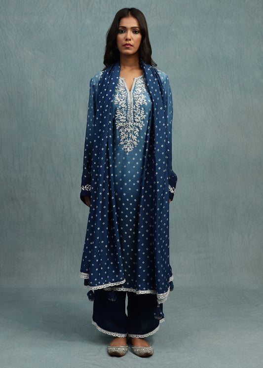 INDIGO BANDHINI COTTON SILK HAND DYED KURTA SET-  (3 PCS SET)