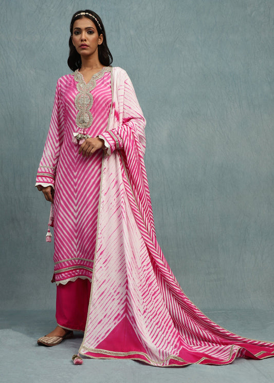RANI PINK SHIBORI COTTON SILK HAND DYED KURTA SET- (3 PCS SET)