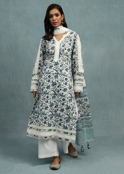 INDIGO CHINTZ JAAL ORGANIC COTTON HAND BLOCK PRINTED KURTA - (3 PCS SET)