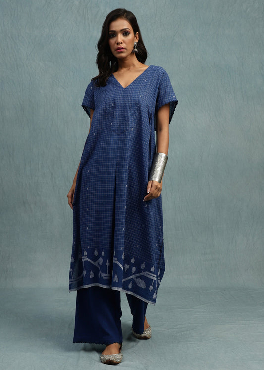 INDIGO CHECK JAMDANI ORGANIC COTTON HAND WOVEN TUNIC SET