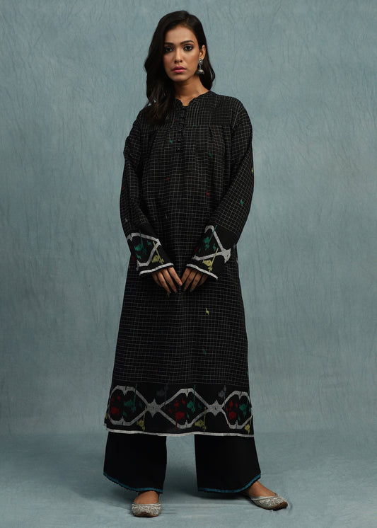 BLACK CHECK JAMDANI JAALI BORDER ORGANIC COTTON HAND WOVEN TUNIC SET