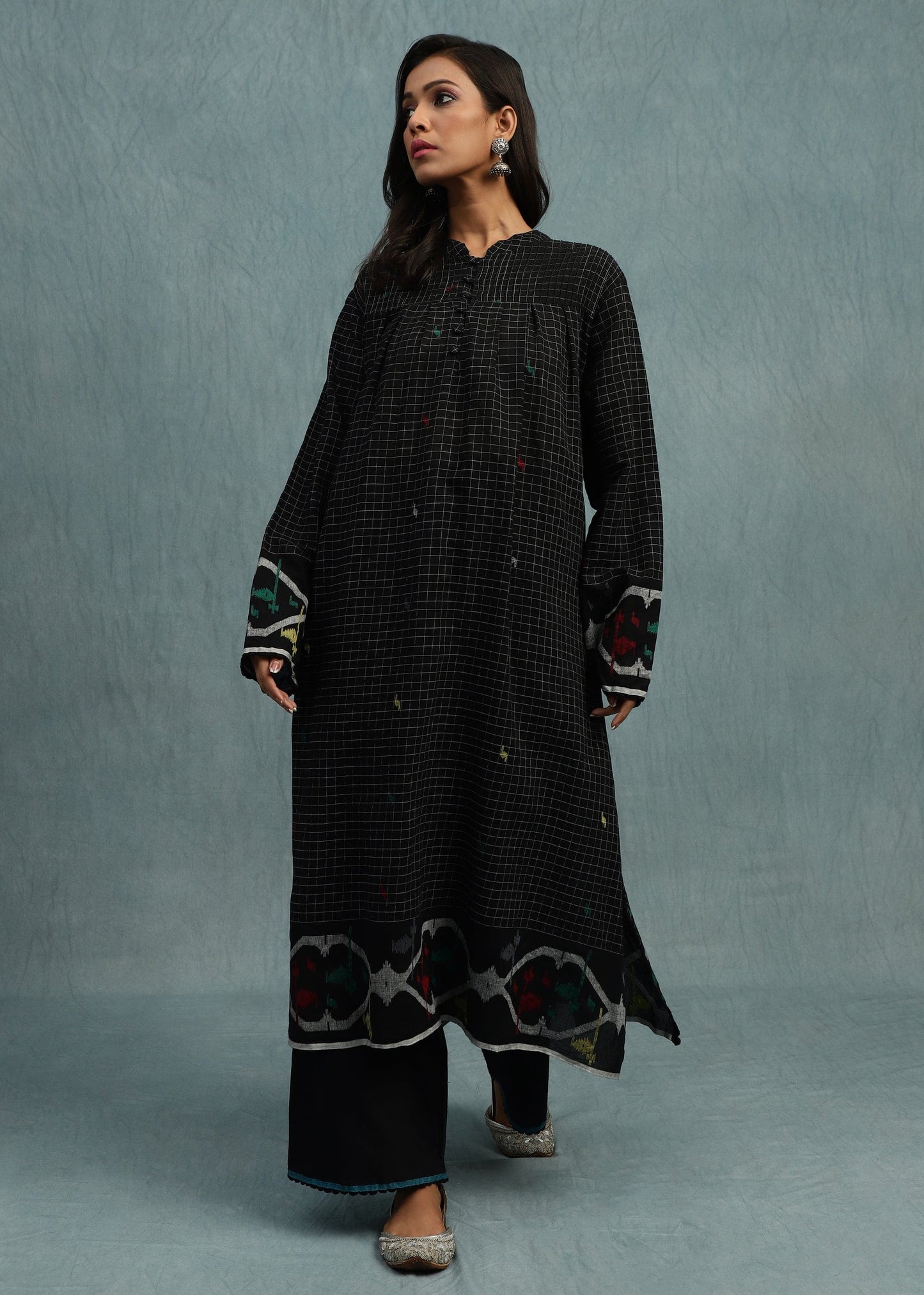 BLACK CHECK JAMDANI JAALI BORDER ORGANIC COTTON HAND WOVEN TUNIC SET