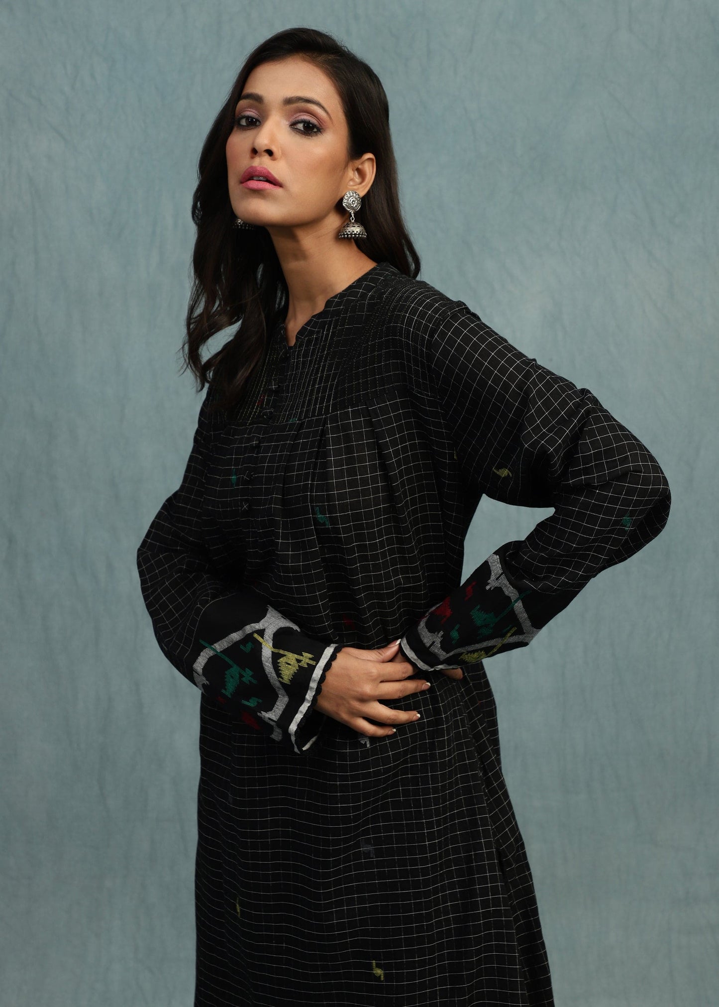 BLACK CHECK JAMDANI JAALI BORDER ORGANIC COTTON HAND WOVEN TUNIC SET