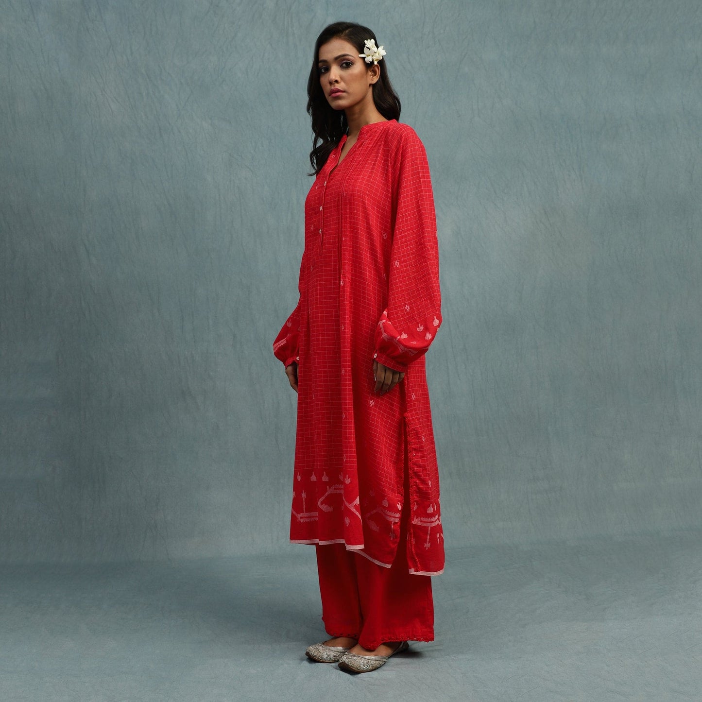 RED CHECK JAMDANI JAALI BORDER ORGANIC COTTON HAND WOVEN TUNIC SETS