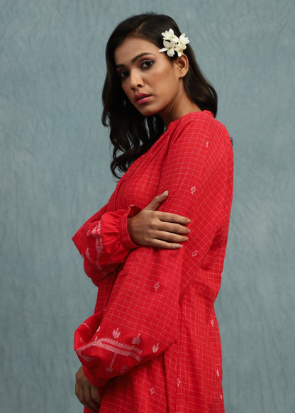 RED CHECK JAMDANI JAALI BORDER ORGANIC COTTON HAND WOVEN TUNIC SETS