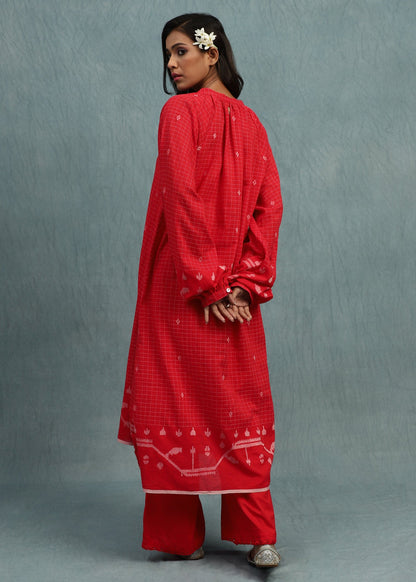 RED CHECK JAMDANI JAALI BORDER ORGANIC COTTON HAND WOVEN TUNIC SETS