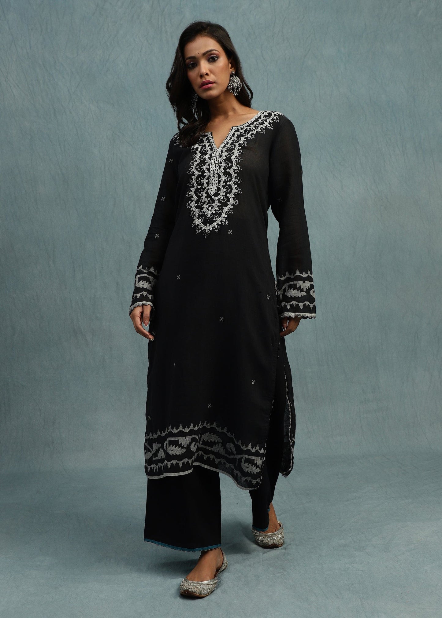 BLACK EMBROIDERED JAMDANI ORGANIC COTTON HAND WOVEN TUNIC SET