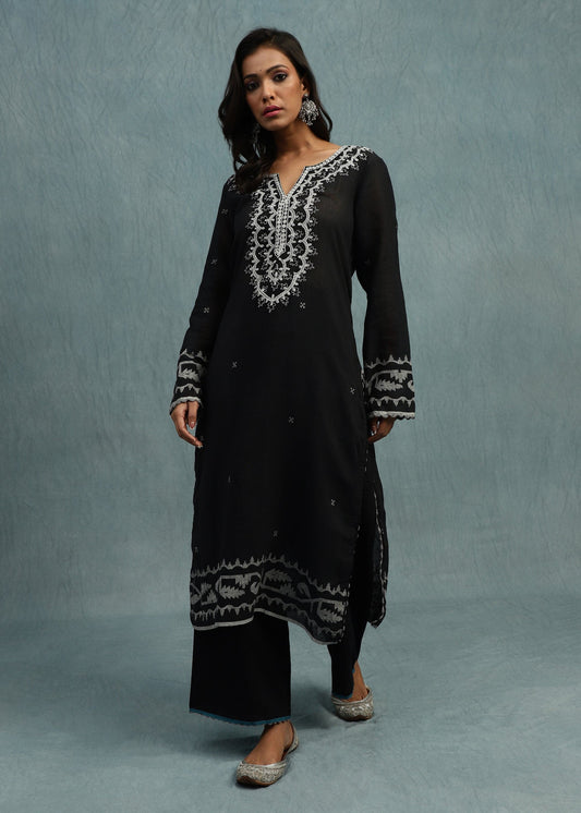 BLACK EMBROIDERED JAMDANI ORGANIC COTTON HAND WOVEN TUNIC SET