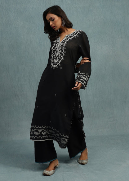 BLACK EMBROIDERED JAMDANI ORGANIC COTTON HAND WOVEN TUNIC SET