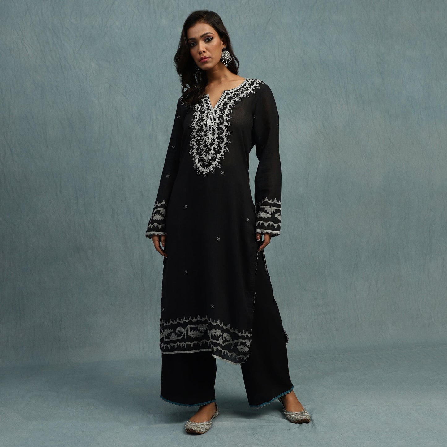 BLACK EMBROIDERED JAMDANI ORGANIC COTTON HAND WOVEN TUNIC SET