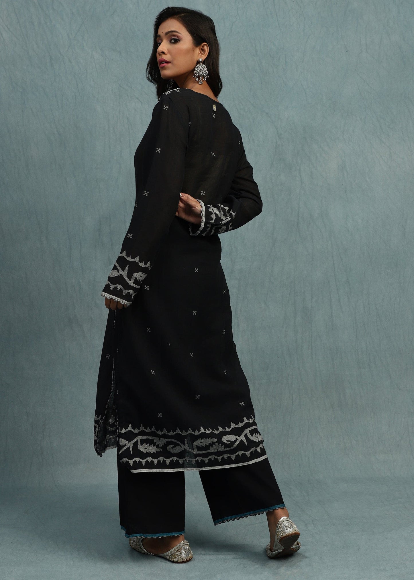 BLACK EMBROIDERED JAMDANI ORGANIC COTTON HAND WOVEN TUNIC SET