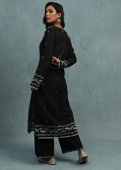 BLACK EMBROIDERED JAMDANI ORGANIC COTTON HAND WOVEN TUNIC SET