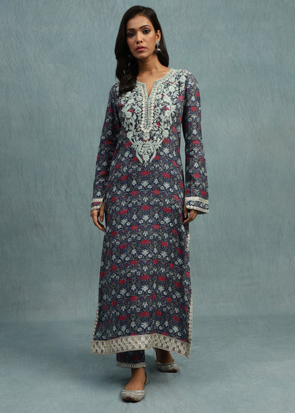 INDIGO MARIGOLD JAAL COTTON SILK HAND BLOCK PRINTED TUNIC SET