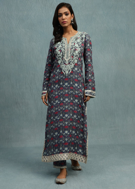 INDIGO MARIGOLD JAAL COTTON SILK HAND BLOCK PRINTED TUNIC SET