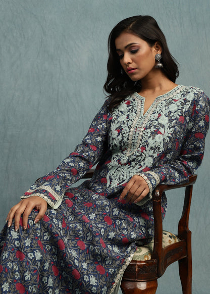 INDIGO MARIGOLD JAAL COTTON SILK HAND BLOCK PRINTED TUNIC SET