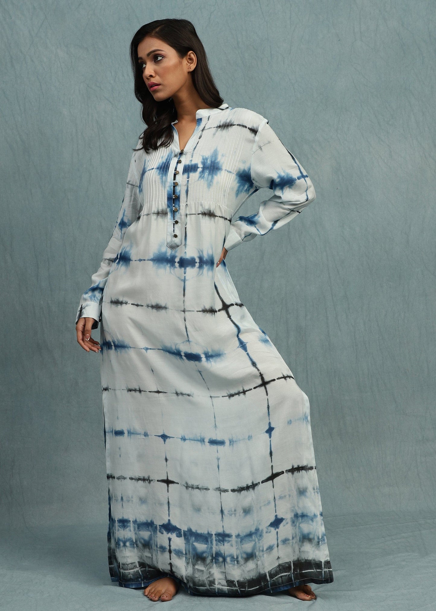 CHARCOAL BLUE TIE DYE COTTON SILK KAFTAN