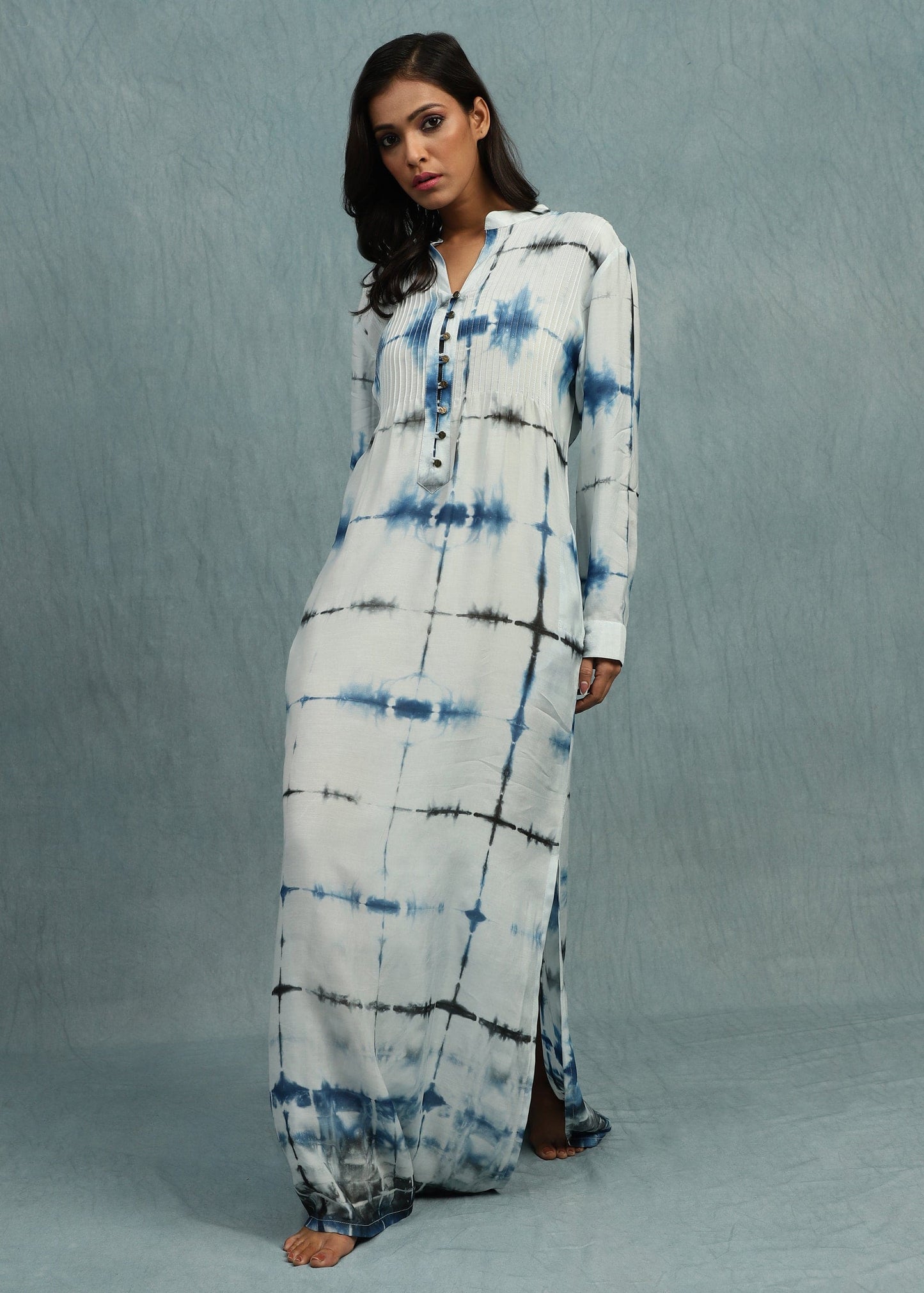 CHARCOAL BLUE TIE DYE COTTON SILK KAFTAN