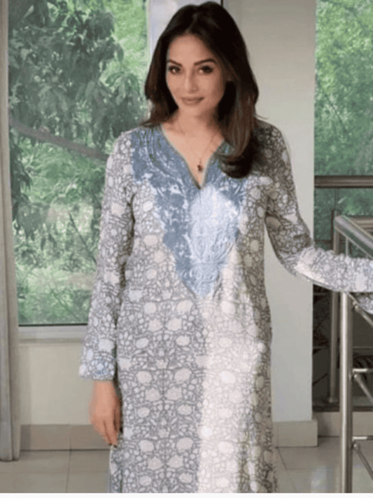 Grey/Brown Block Printed Cotton Silk Embroidered Kaftan