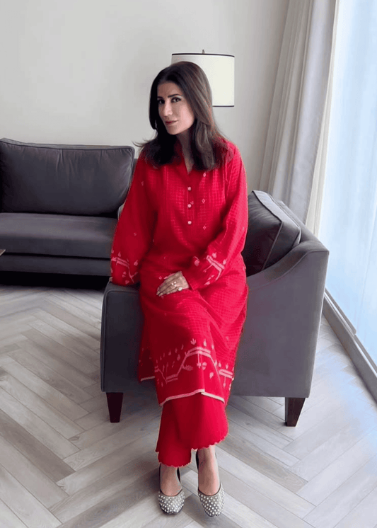 RED CHECK JAMDANI JAALI BORDER ORGANIC COTTON HAND WOVEN TUNIC SETS