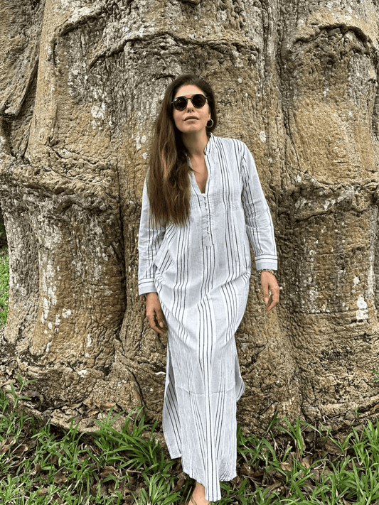 Indigo Stripes Organic Cotton Hand Block Printed Kaftan