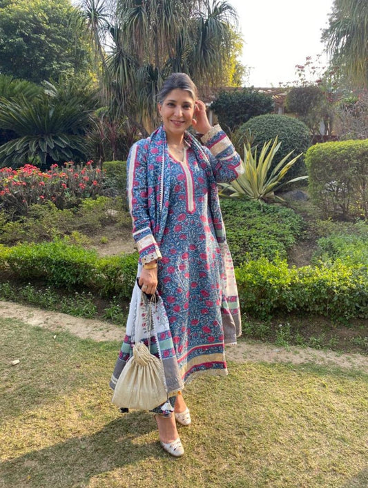 INDIGO BLUE ROSE JAAL COTTON SILK HAND BLOCK PRINTED KURTA- (3 PCS SET)