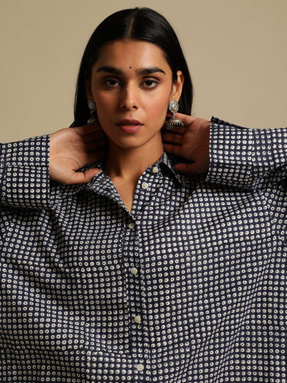 INDIGO POLKA ORGANIC COTTON HAND BLOCK PRINTED SHIRT DRESS