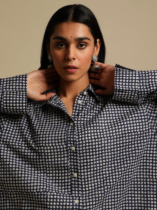 INDIGO POLKA ORGANIC COTTON HAND BLOCK PRINTED SHIRT DRESS