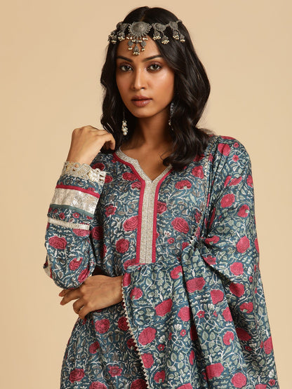 Indigo Blue Rose Jaal Cotton Silk Hand Block Printed Sharara- (3 Pcs Set)