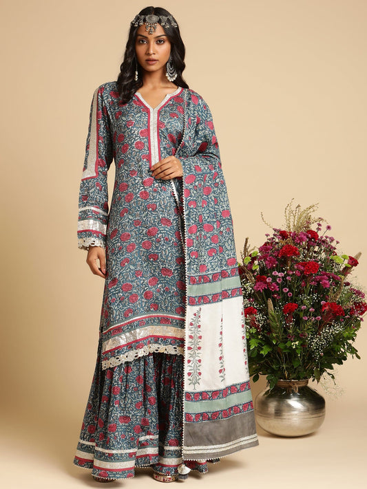 Indigo Blue Rose Jaal Cotton Silk Hand Block Printed Sharara- (3 Pcs Set)
