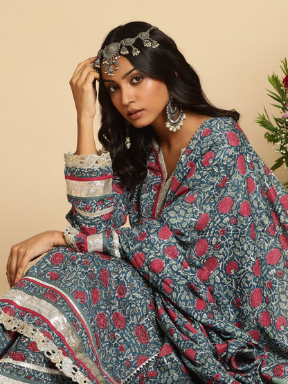INDIGO BLUE ROSE JAAL COTTON SILK HAND BLOCK PRINTED KURTA- (3 PCS SET)
